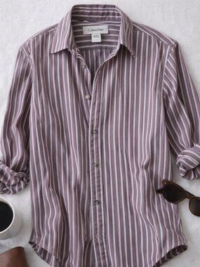 Calvin Klein Striped Button Down Shirt Purple Mauve 90s Minimalist Fitted Unisex